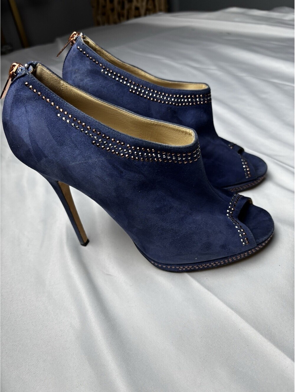 Jimmy Choo Navy Blue Suede Peep Toe Booties with Stud Detail